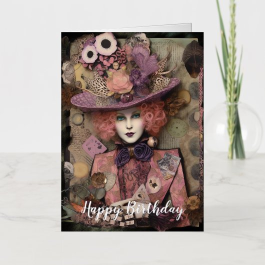 派手な帽子のアリスの誕生日 箔グリーティングカード (正面)