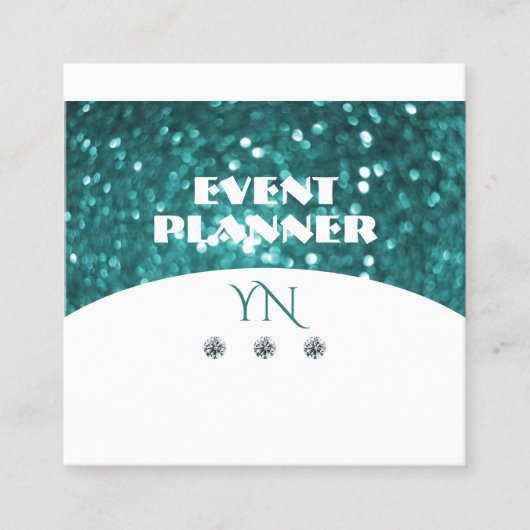 派手な白ティール（緑がかった色）きらめくグリッターとモノグラム スクエア名刺 (正面)