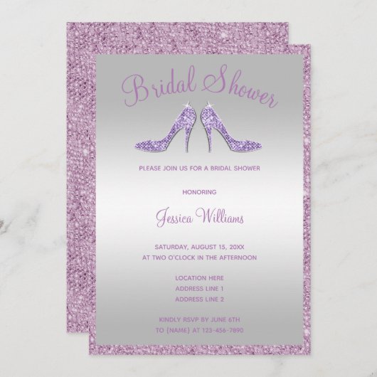派手な薄紫のスパンコール及び小剣のブライダルシャワー 招待状 (正面/裏面)