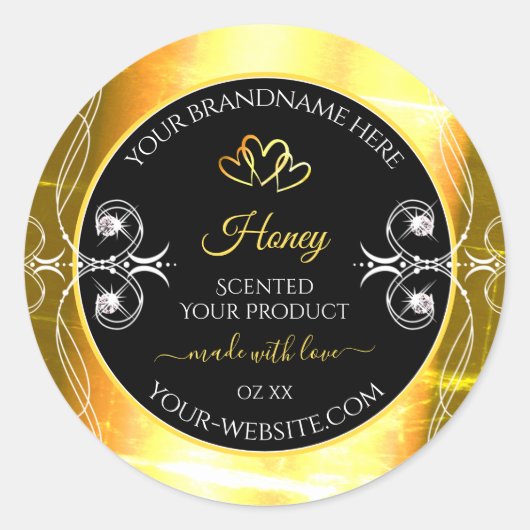 派手な金ゴールドまばゆい製品ラベルダイヤモンドブラック ラウンドシール (正面)