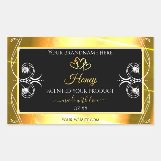 派手な金ゴールドまばゆい製品ラベルダイヤモンドブラック 長方形シール (正面)