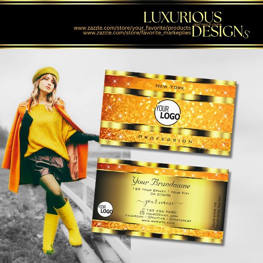 派手な金ゴールドオレンジ色グラデーショングリッター星の追加ロゴ 名刺