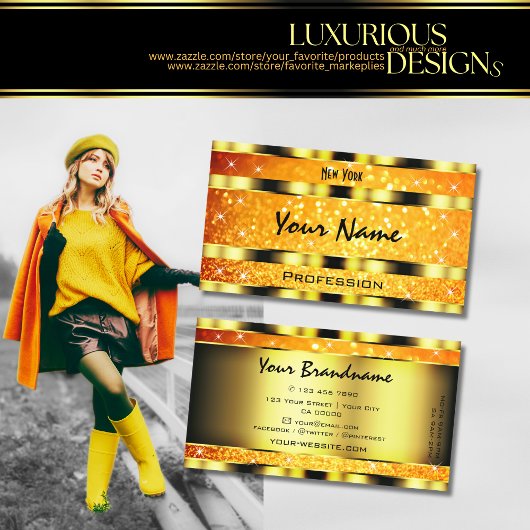 派手な金ゴールドオレンジ色グラデーショングリッター星打ち 名刺