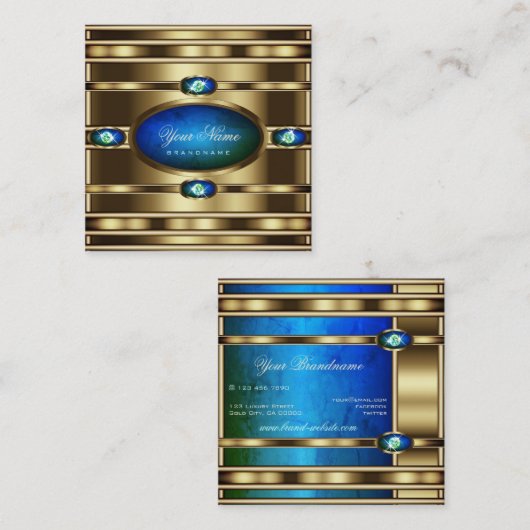 派手な金ゴールド(青ティール(緑がかった色)グラデーション大理石パターン) スクエア名刺 (正面/裏面)