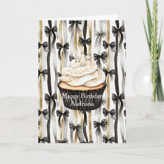 派手な金銀黒リボン蝶結び誕生日 カード (正面)