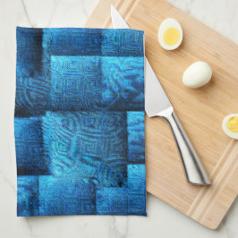 派手な青色の正方形で抽象芸術の部族スケッチ キッチンタオル