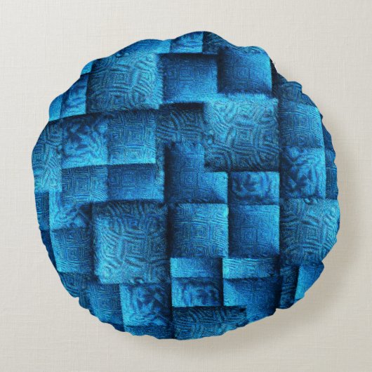 派手な青色の正方形で抽象芸術の部族スケッチ ラウンドクッション (裏面)
