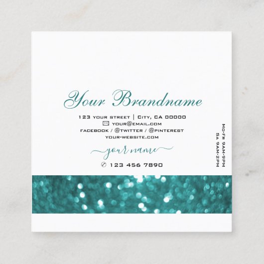 派手な黒とティール（緑がかった色）きらめくグリッターグラマラス スクエア名刺 (裏面)