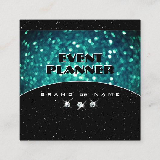 派手な黒とティール(緑がかった色)きらめくグリッターグラマラス スクエア名刺 (正面)