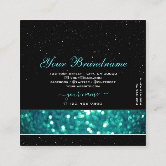 派手な黒とティール(緑がかった色)きらめくグリッターグラマラス スクエア名刺 (裏面)