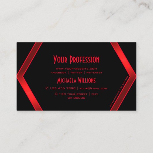 派手な黒の幾何学模様の赤いシックとロゴ 名刺 (裏面)