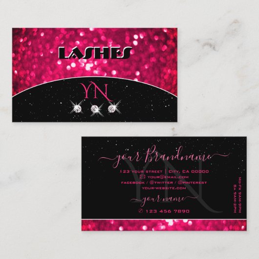 派手な黒ピンクガーリーのグリッターモノグラきらめくム 名刺 (正面/裏面)