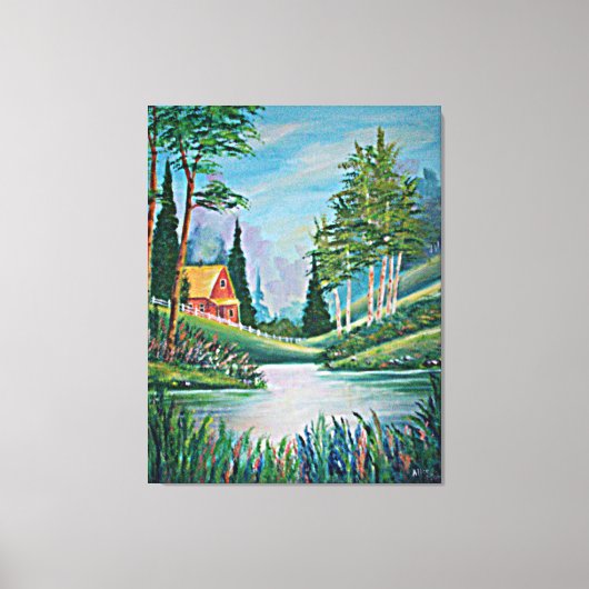 流れの油絵による小屋 キャンバスプリント (正面)