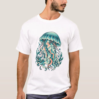 流れるような海の触角を持つシアンクラゲ Tシャツ