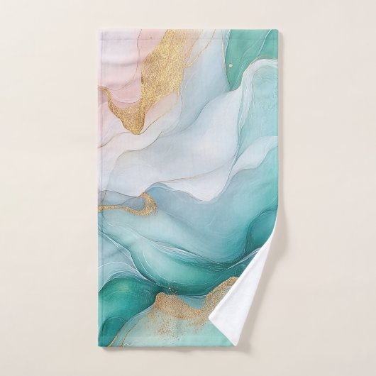 流れるエメラルドと金ゴールド大理石バスタオルセット ハンドタオル (ハンドタオル)