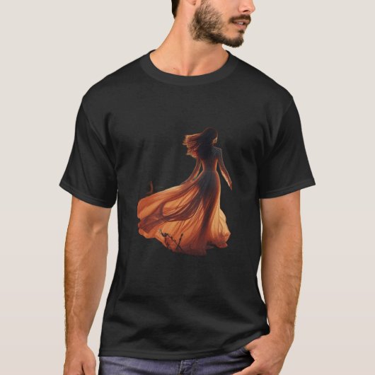 流れるドレスの女性のブラック半袖Tシャツ Tシャツ (正面)