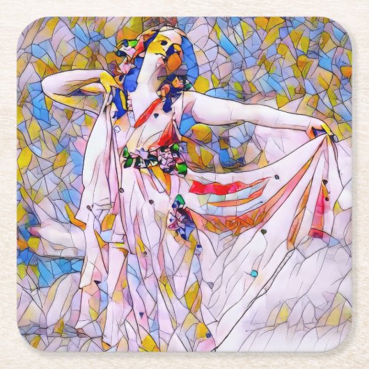 流れるドレスを着たステンドグラスのダンサー スクエアペーパーコースター (正面)