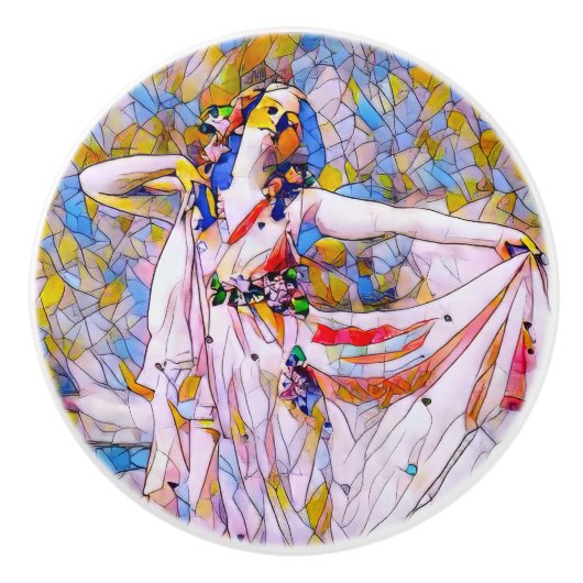 流れるドレスを着たステンドグラスのダンサー セラミックノブ (正面)