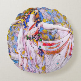 流れるドレスを着たステンドグラスのダンサー ラウンドクッション