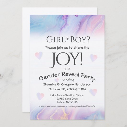 流れるピンクと青の性別の表示パーティー 招待状 (正面/裏面)