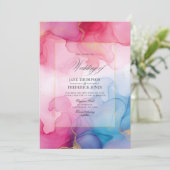 流れるピンク、ブルー、金ゴールドのアルコ結婚ールインク 招待状 (スタンド正面)