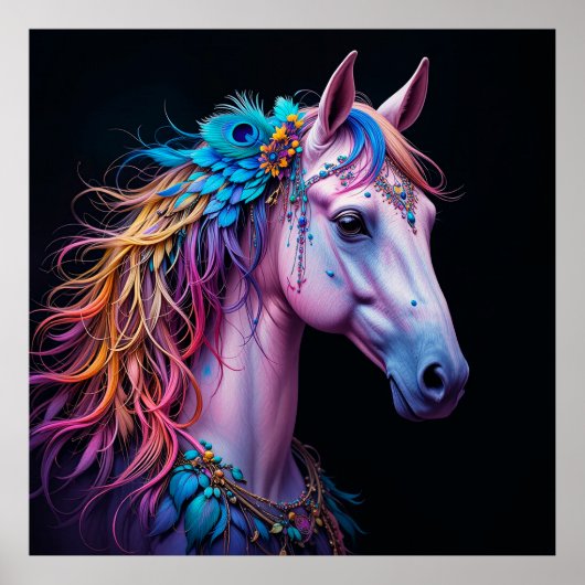 流れるマネのある馬の様式化ポートレート ポスター (正面)