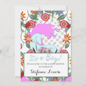 流れるユニコーンピンク男の子!(花とピンク) 招待状 (正面)