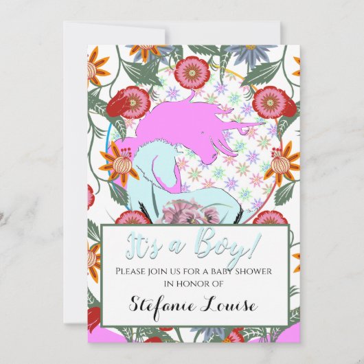 流れるユニコーンピンク男の子!(花とピンク) 招待状 (正面)