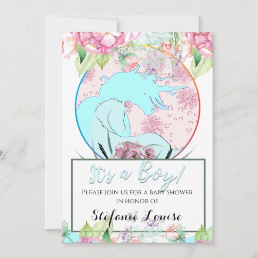 流れるユニコーンブルー男の子!(花と花壇) 招待状 (正面)