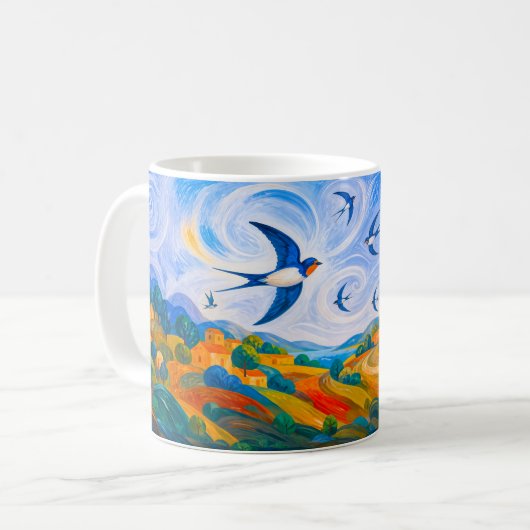 流れる夏の風景を飛ぶつばめ コーヒーマグカップ (正面左)