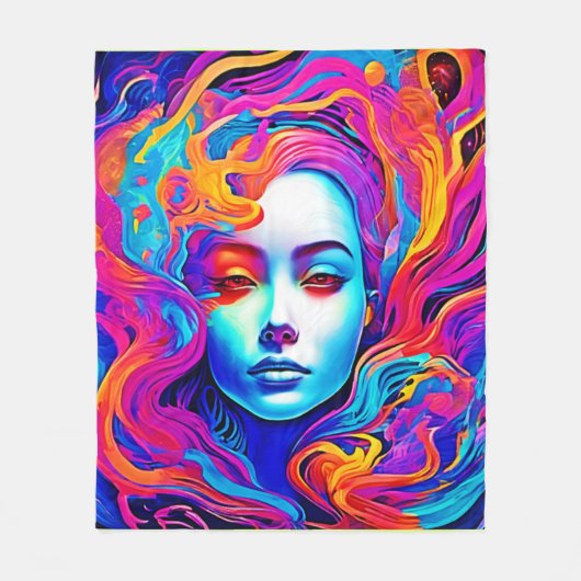 流れる宇宙の髪を持つネオンの女神 フリースブランケット (正面)