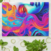 流れる宇宙髪のネオン女神 キッチンタオル (折り畳み)