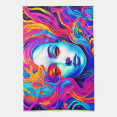 流れる宇宙髪のネオン女神 キッチンタオル (縦)