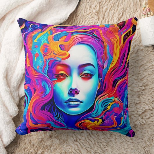 流れる宇宙髪のネオン女神 クッション (ブランケット)