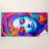 流れる宇宙髪のネオン女神 ビーチタオル (正面)