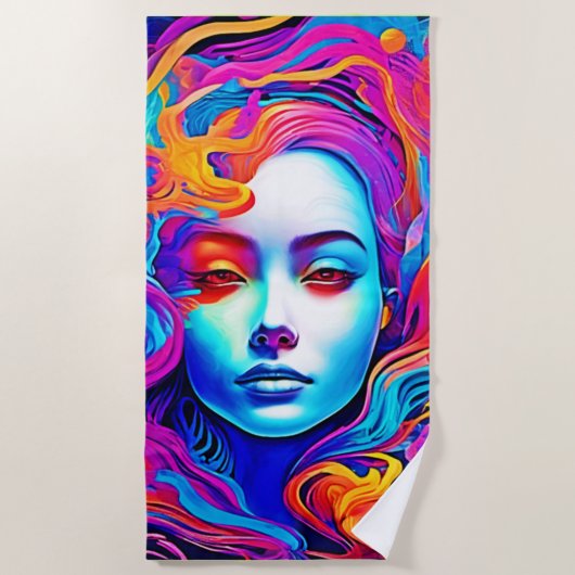 流れる宇宙髪のネオン女神 ビーチタオル (正面)