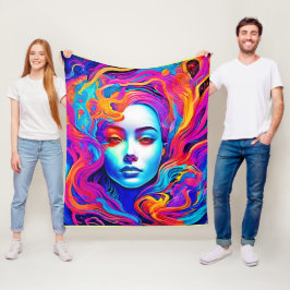 流れる宇宙髪のネオン女神 フリースブランケット