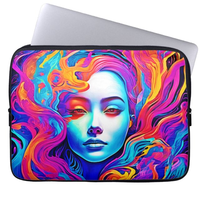 流れる宇宙髪のネオン女神 ラップトップスリーブ (正面)