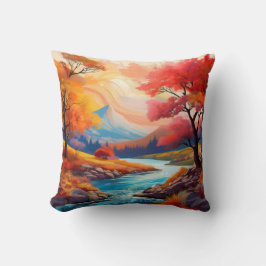 流れる川のある穏やかな秋の風景 クッション