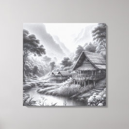 流れる川のそばの居心地の良い小屋の鉛筆スケッチ キャンバスプリント
