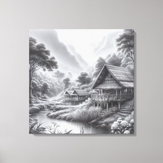 流れる川のそばの居心地の良い小屋の鉛筆スケッチ キャンバスプリント (正面)