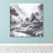 流れる川のそばの居心地の良い小屋の鉛筆スケッチ キャンバスプリント (インサイチュ (ウッドフロア))