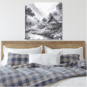 流れる川のそばの居心地の良い小屋の鉛筆スケッチ キャンバスプリント (インサイチュ (寝室))