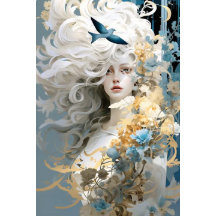 流れる白い髪の切り離しを持つエキゾチックな女性