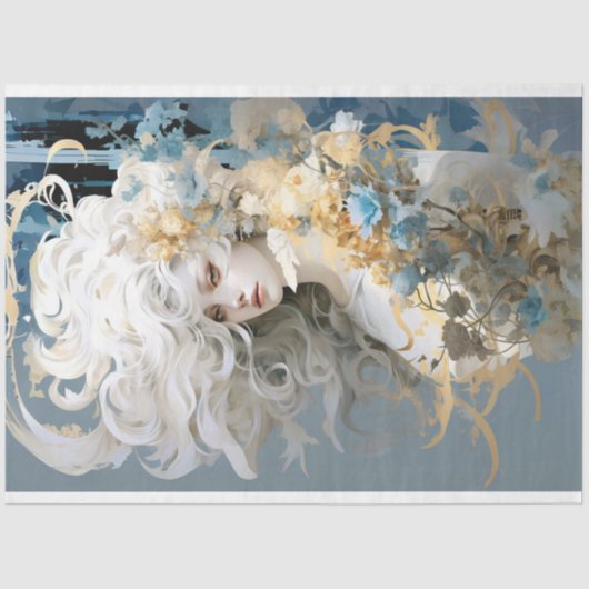 流れる白い髪の切り離しを持つエキゾチックな女性 薄葉紙 (正面)