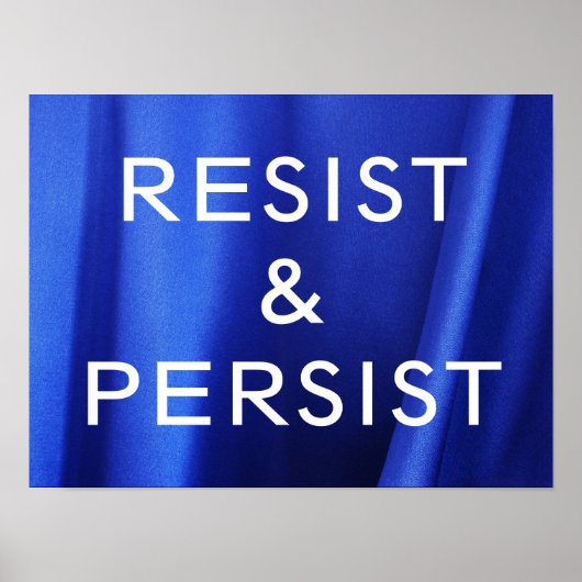 流れる青いシルクのフォトポスターに書かれたResist & Persist ポスター (正面)