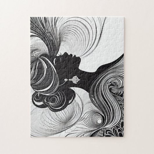 流れる髪の白黒の女性 ジグソーパズル (縦)