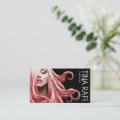 流れる髪の美容師ピンク髪 | 黒 名刺 (スタンド正面)