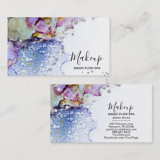*~*流オーガニック水カラー抽象芸術グリッター青 名刺 (正面/裏面)