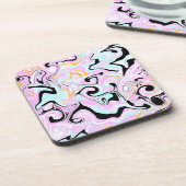 流体アートコットンキャンディーピンク、ティール(緑がかった色)、ブラックと金ゴールド コースター (左側)